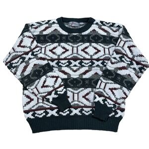 Vintage Grandpa Sweater Men Large Green White Geometric Knit Golf 90s Cosby